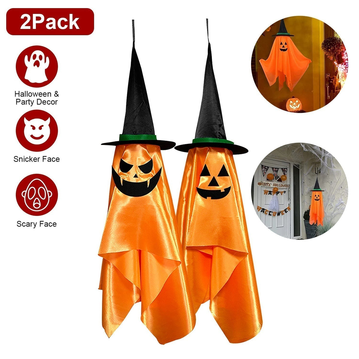 2 Pack Hanging Ghosts with Wizard Hat Snicker Scary Face Halloween Party Hanging Decorations Pumpkin Wizard Hat for Eave Tree Porch