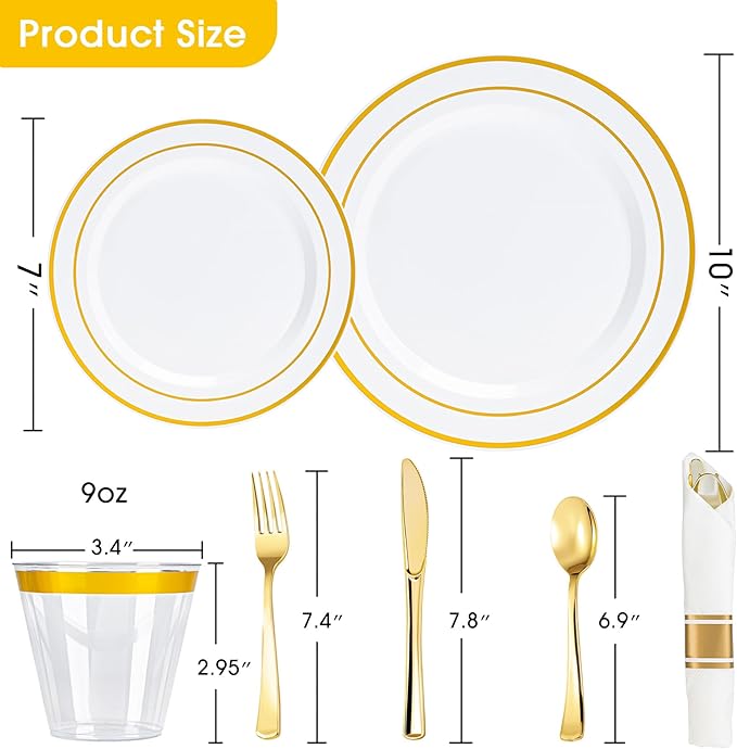 350PCS Gold Plastic Plates Dinnerware Set, Thanksgiving Disposable Plates, 50 Dinner and 50 Dessert Plates, 50 Pre Rolled Napkins with Silverware and 50 Cups for Party and Wedding