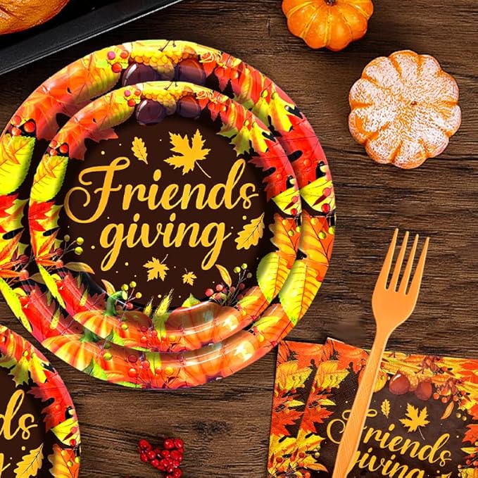 96 Pieces Friendsgiving Tableware Set Party Supplies - Fall Thanksgiving Pattern Disposable Dinnerware with Paper Plates, Napkins, Forks for Autumn Harvest, and Friendsgiving Dinner BBQ Picnic Favors