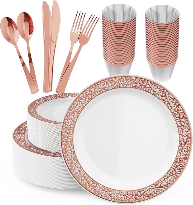 150 Count Rose Gold Dinnerware Set, Elegant Disposable Include: 25 Gold Lace Plastic Plates, 25 Dessert Plates, 25 Forks, 25 Knives, 25 Spoons, 25 Cups for Party, Thanksgiving