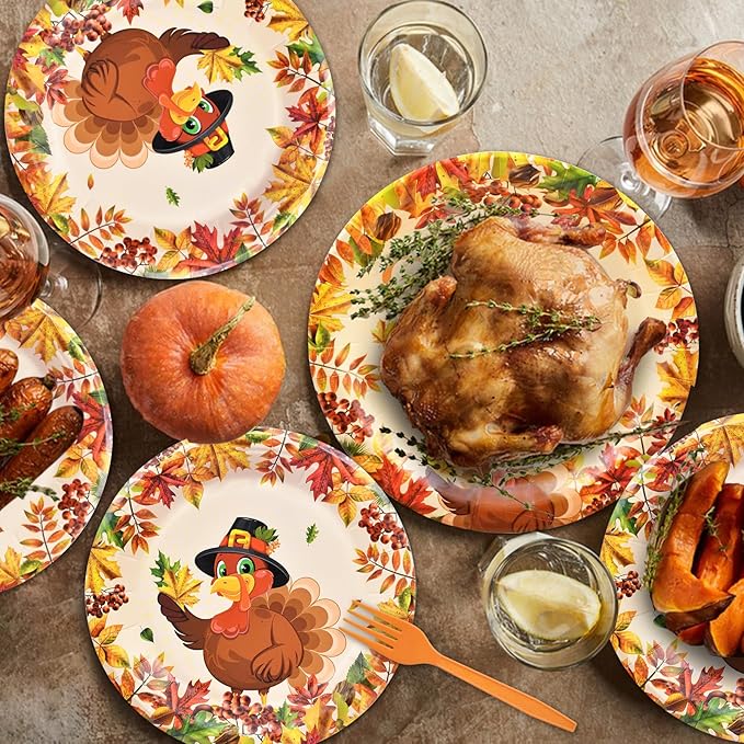 100 Pcs Thanksgiving Turkey Tableware Party Supplies – Disposable Fall Dinnerware Set with Paper Plates, Napkins, and Forks for Autumn Celebrations, Friendsgiving, and Thanksgiving Dinner – Serves 25