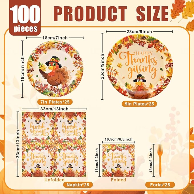 100 Pcs Thanksgiving Turkey Tableware Party Supplies – Disposable Fall Dinnerware Set with Paper Plates, Napkins, and Forks for Autumn Celebrations, Friendsgiving, and Thanksgiving Dinner – Serves 25