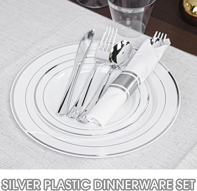 350PCS Silver Plastic Plates Dinnerware Set, Thanksgiving Disposable Plates, 50 Dinner and 50 Dessert Plates, 50 Pre Rolled Napkins with Silverware and 50 Cups for Party and Wedding