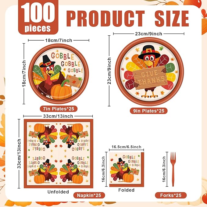 100 Pcs Thanksgiving Turkey Tableware Party Supplies – Disposable Fall Dinnerware Set with Paper Plates, Napkins, and Forks for Autumn Celebrations, Friendsgiving, and Thanksgiving Dinner – Serves 25
