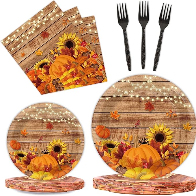 chiazllta 96 Pcs Fall Party Paper Plates and Napkins Thanksgiving Party Tableware Set Table Decorations for Fall Autumn Birthday Party Supplies 24 Guests