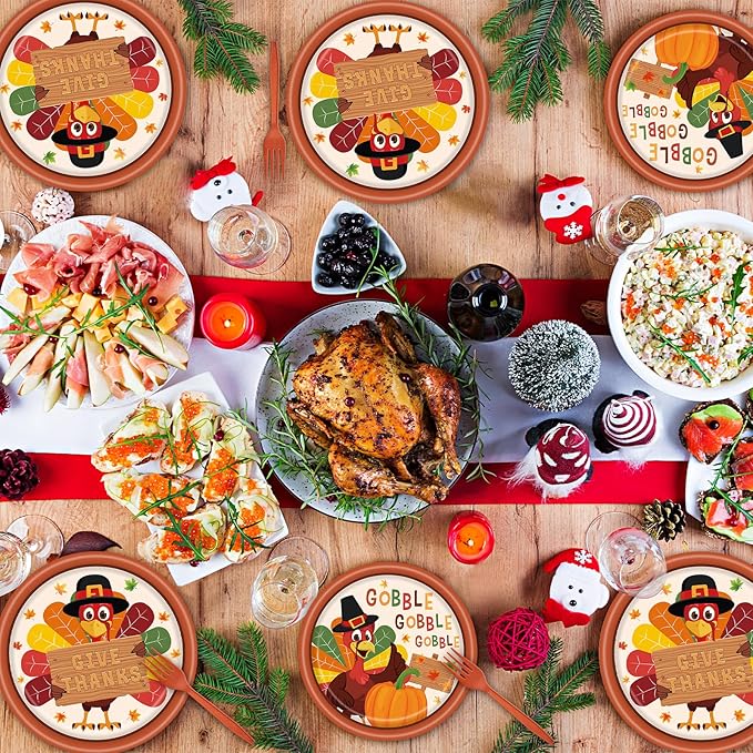 100 Pcs Thanksgiving Turkey Tableware Party Supplies – Disposable Fall Dinnerware Set with Paper Plates, Napkins, and Forks for Autumn Celebrations, Friendsgiving, and Thanksgiving Dinner – Serves 25