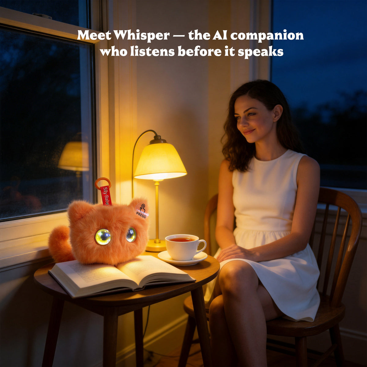 AI Companion Plush Toy Whisper the Curious Cat – Smart Interactive AI Cat, Emotional Support Plush, Cute Virtual Pet for Work & Home